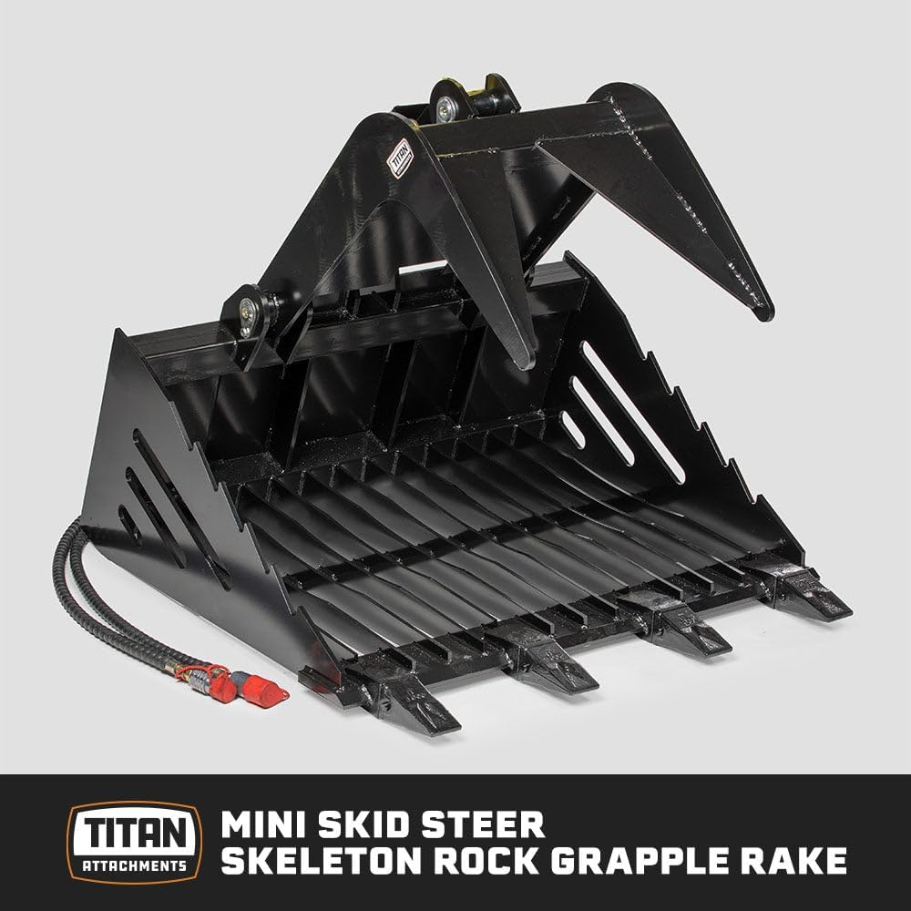 Mini Skid Steer Skeleton Rock Grapple Rake with Bolt-On Teeth, Toro Style Mounting System, Reinforced Side Cutters