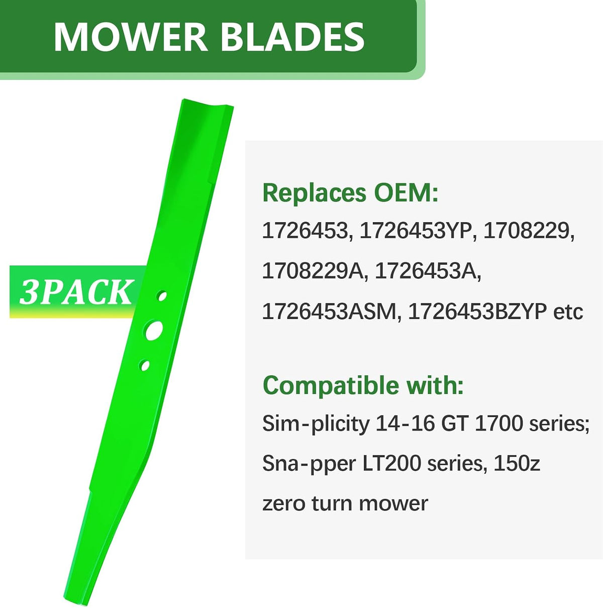 1726453 1726357 High Lift Blades Fit for 50 Inch Simplicity Snapper ZT2050 ZT2450 LT200 YT400 Series Murray Craftsman Mowe Decks Replaces 1708229 1726453A 1726453YP (3 Pack)