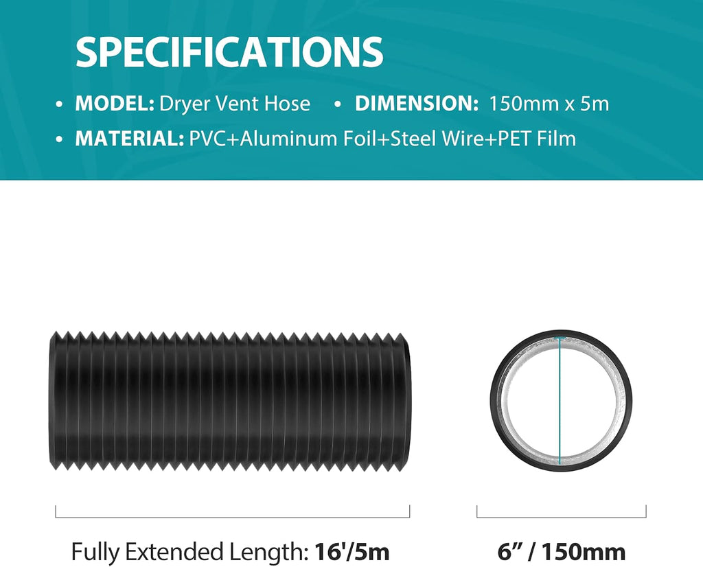 6 Inch Dryer Vent Hose, 16 Feet Long Flexible PVC Hose, Three Layer Noise Reducer Hose Aluminum Ducting for Heating