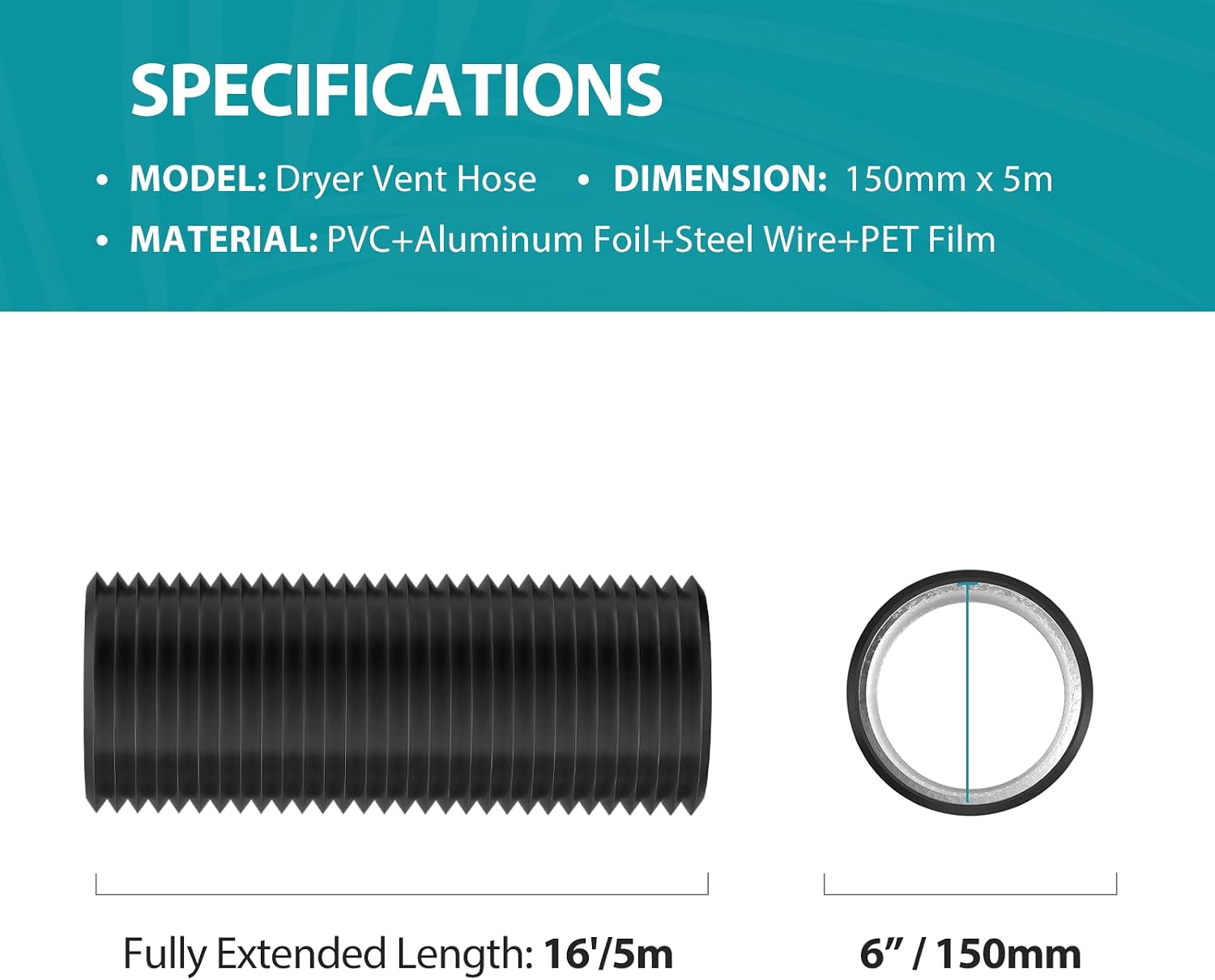 6 Inch Dryer Vent Hose, 16 Feet Long Flexible PVC Hose, Three Layer Noise Reducer Hose Aluminum Ducting for Heating