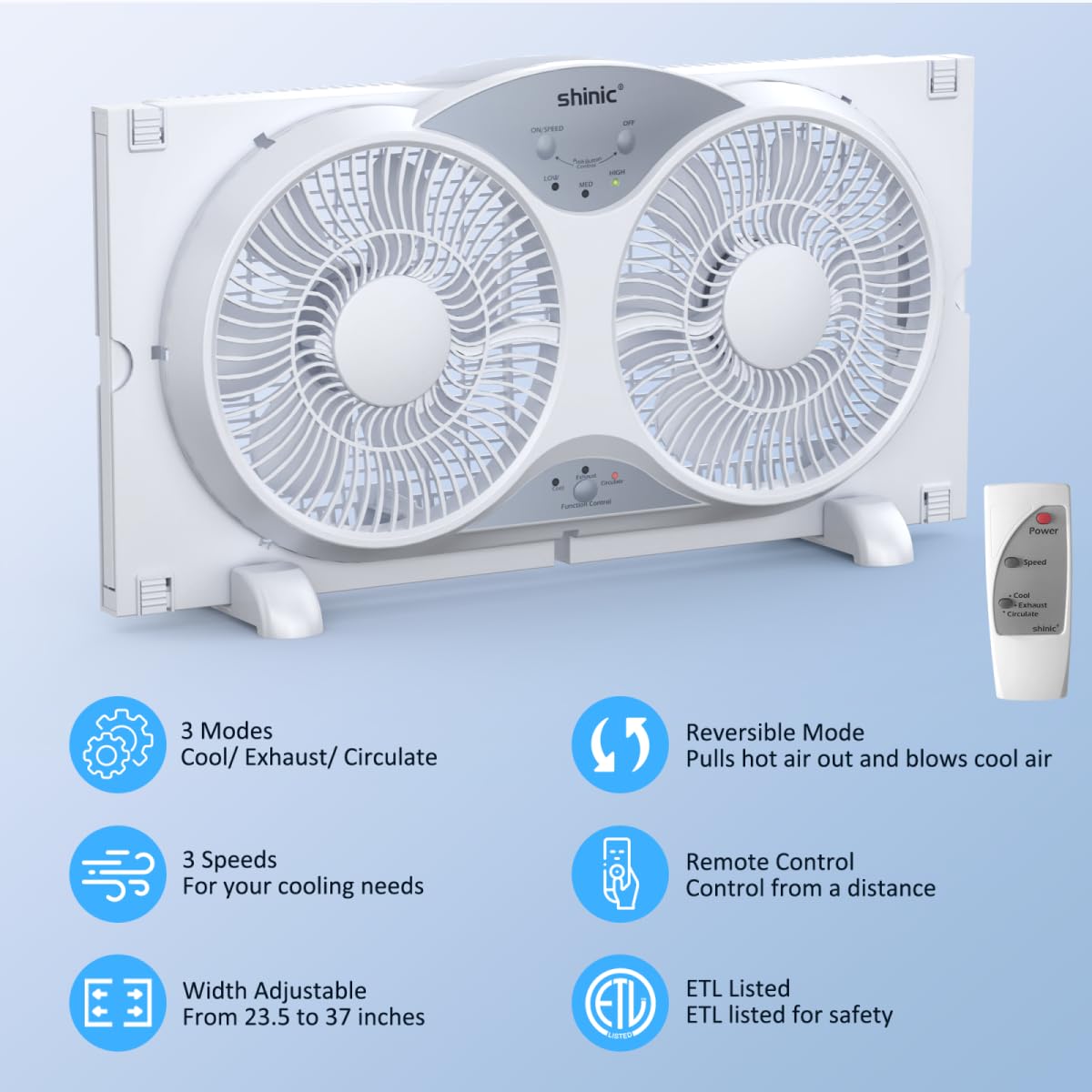 9" Window Fan Low-Noise Reversible Remote Control 3-Speed, ETL