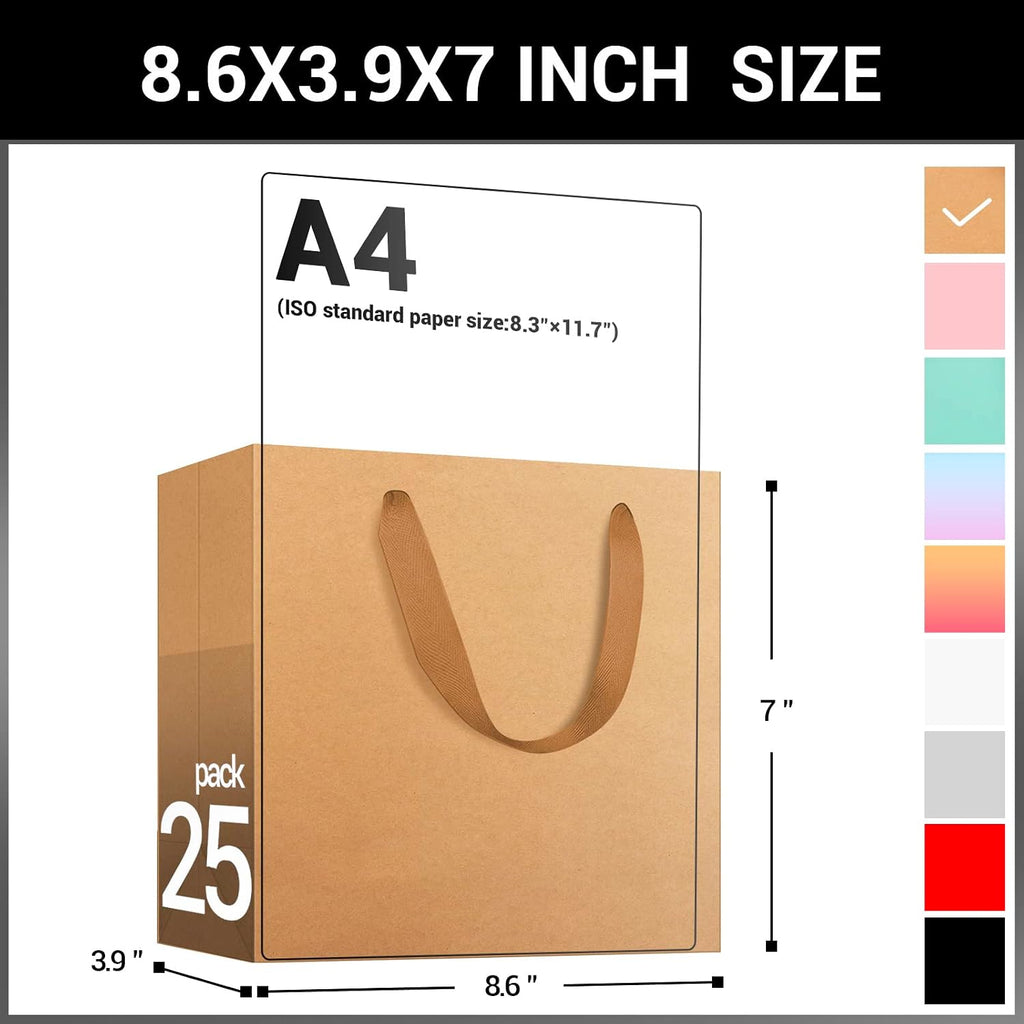 25pcs 8.6" x 3.9" x 7" Brown Kraft Paper Bags with Handles - Kraft Shopping & Party Bags