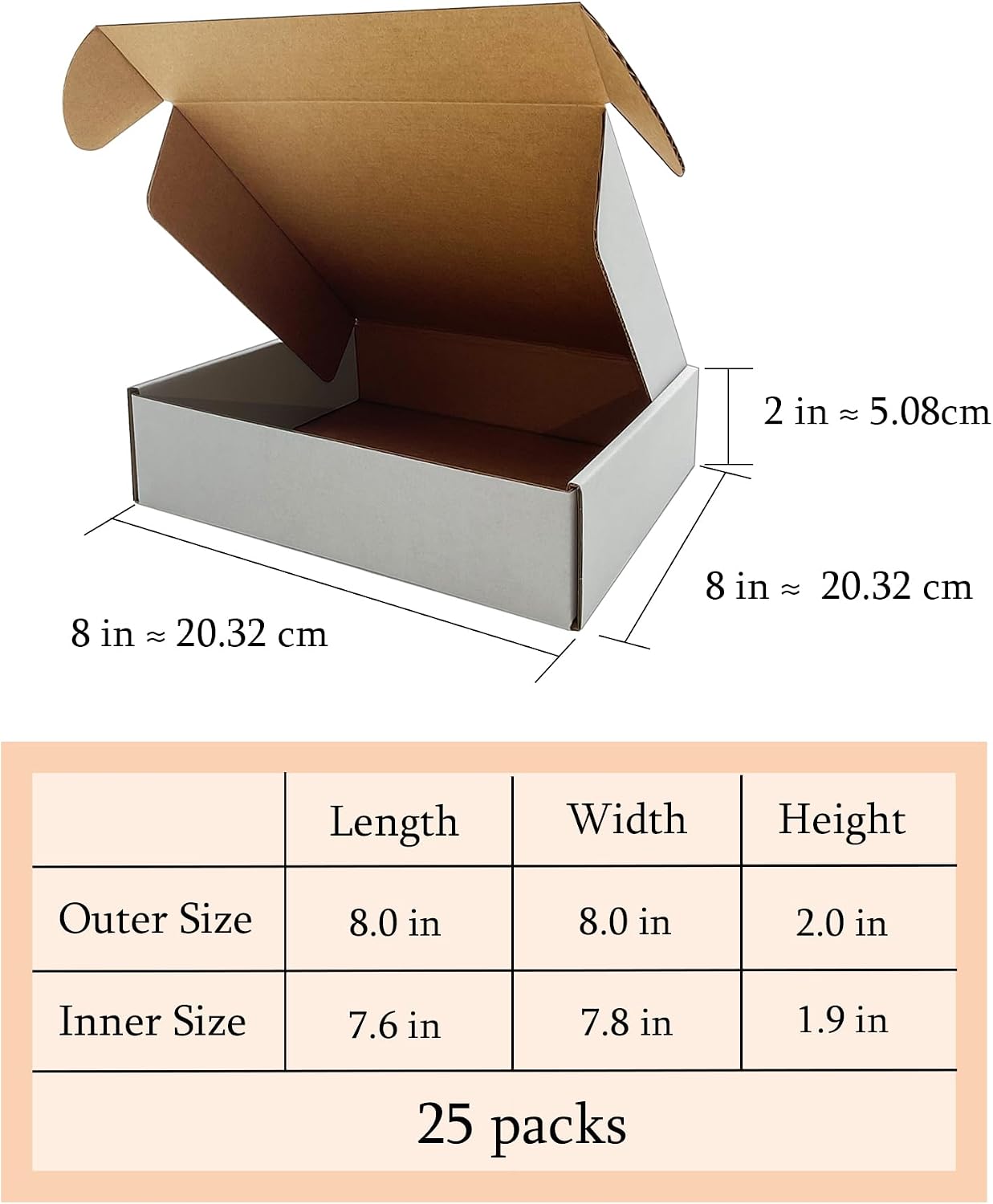 8x8x2 Inch Shipping Boxes Set of 25,White Corrugated Cardboard Mailers | Recycled Literature Mailer, Small Business