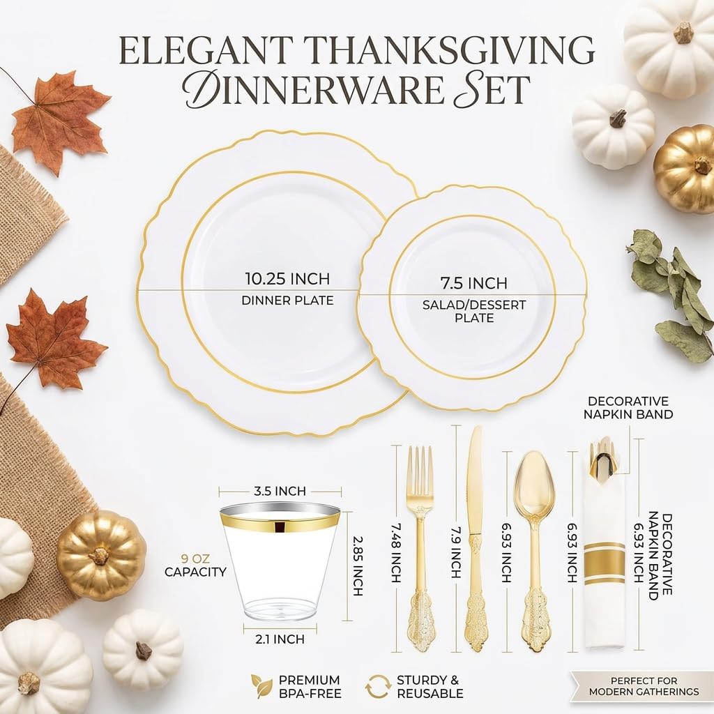 350PCS Gold Plastic Plates-Disposable White and Gold Plates Baroque Plastic Dinnerware include 100Plates, 50Pack Pre