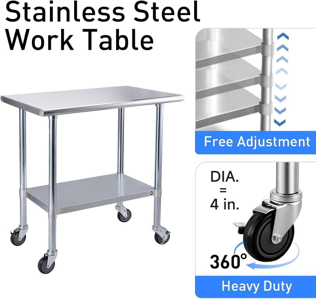 Stainless Steel Table for Prep & Work with Caster Wheels 24x48 Inches, NSF Metal Commercial Kitchen Heavy Duty Table