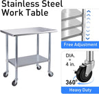 Stainless Steel Table for Prep & Work with Caster Wheels 24x48 Inches, NSF Metal Commercial Kitchen Heavy Duty Table