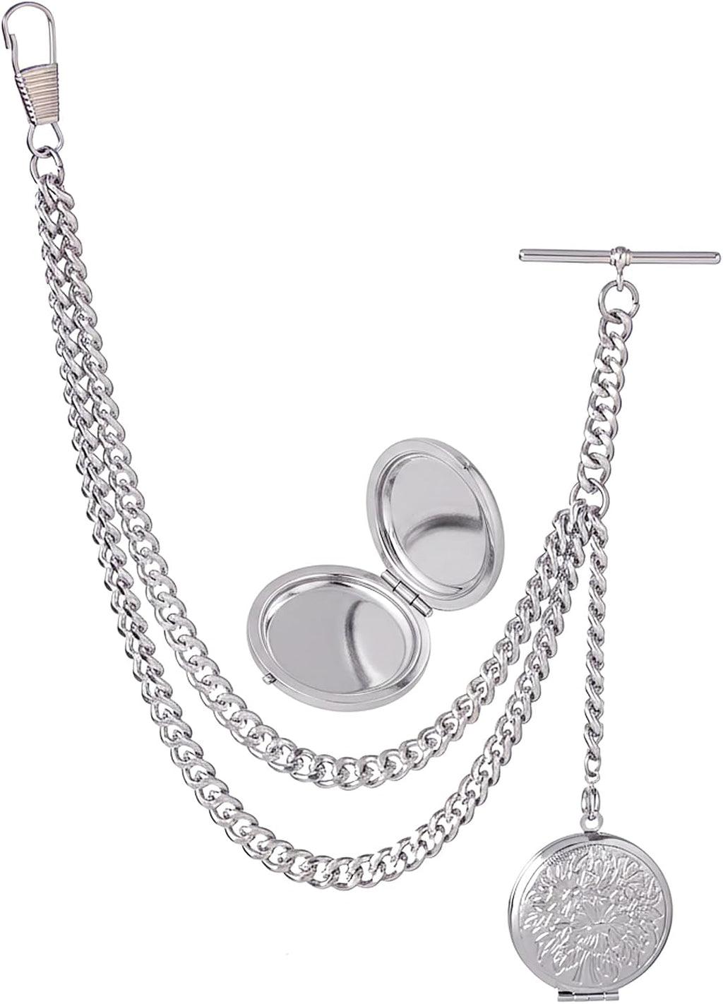 Made in The UK Silver Colour Albert Pocket Watch Chain with Locket Pendant