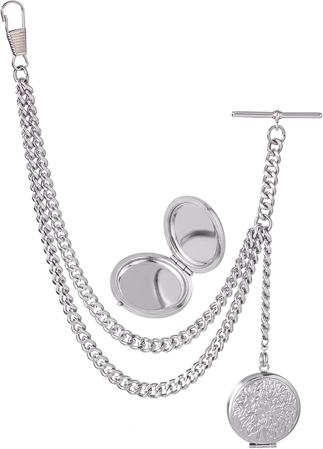 Made in The UK Silver Colour Albert Pocket Watch Chain with Locket Pendant