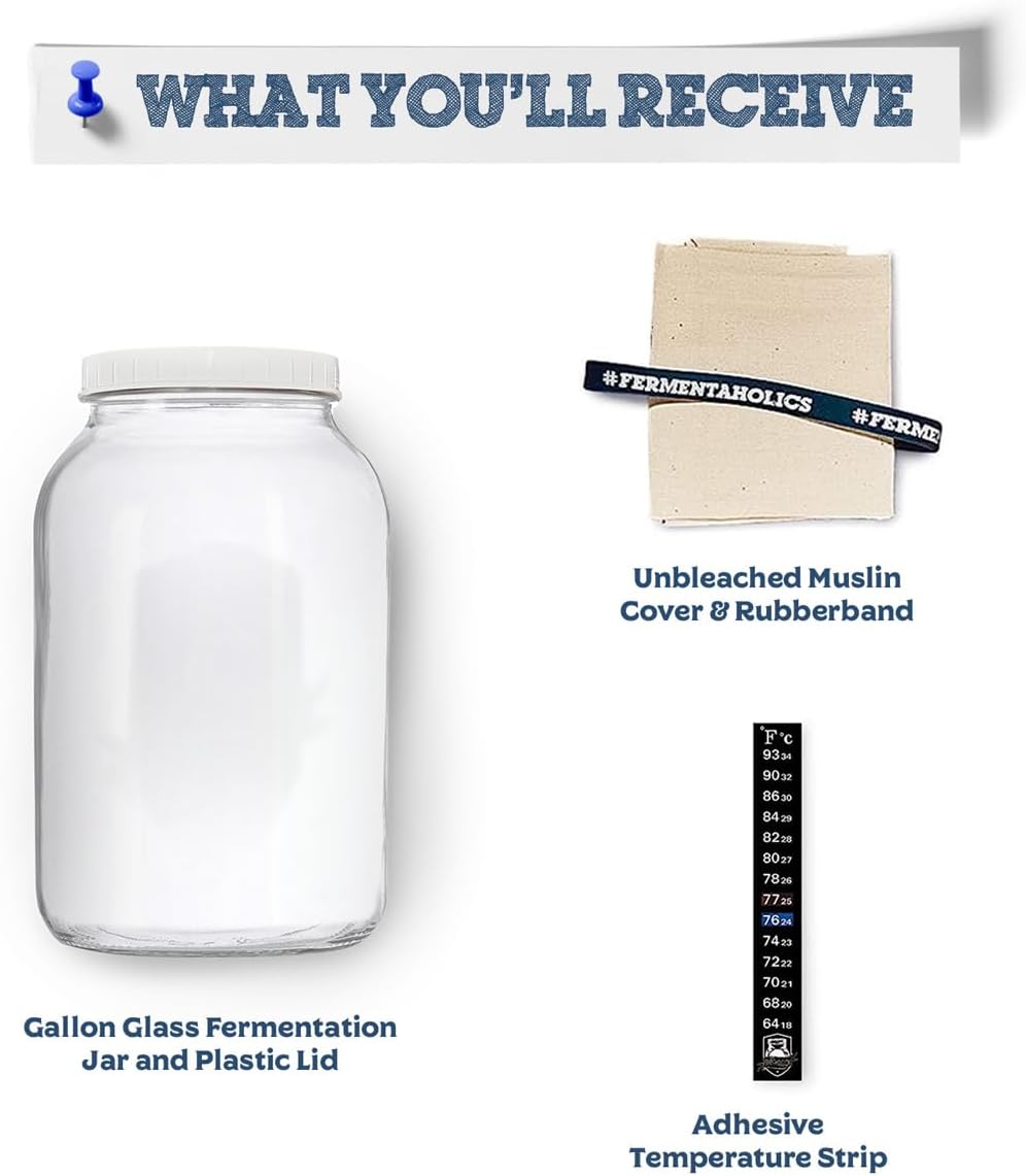 One Gallon Glass Kombucha Jar with Breathable Muslin Cloth Cover, and Rubber band | Perfect SCOBY Home For Anyone