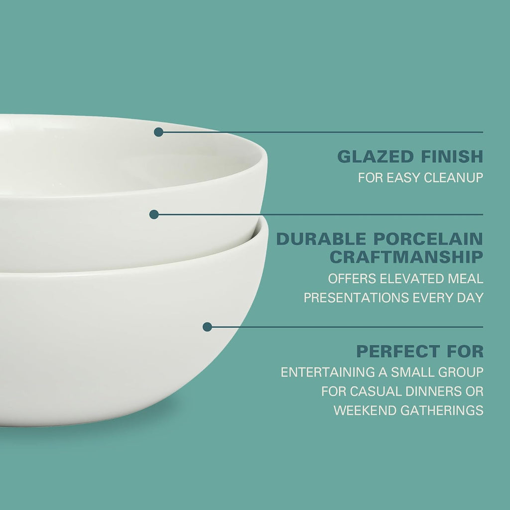 Extra Large Serving Bowls Set of 2-100 oz 10-Inch White Porcelain Salad Bowl Set, Stackable Ceramic Kitchen Bowls