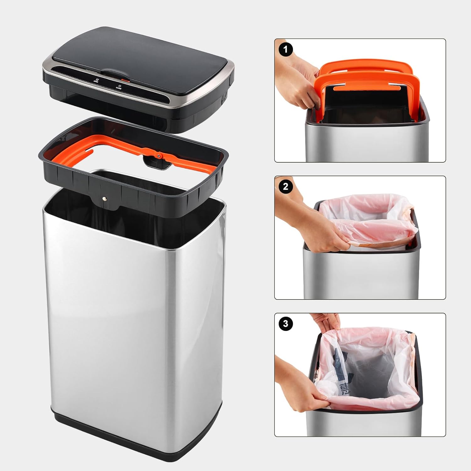 50 Liter / 13.2 Gallon Rectangular Kitchen Trash Can, Brushed Stainless Steel Finish Motion Sensor Trash Can