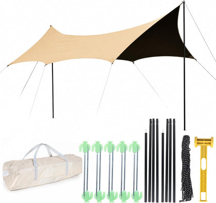 Waterproof Camping Tarp Hammock Rain Fly -14.7×14.7ft with 2 Poles, Mutifunctional Tent UV Protection & Waterproof &