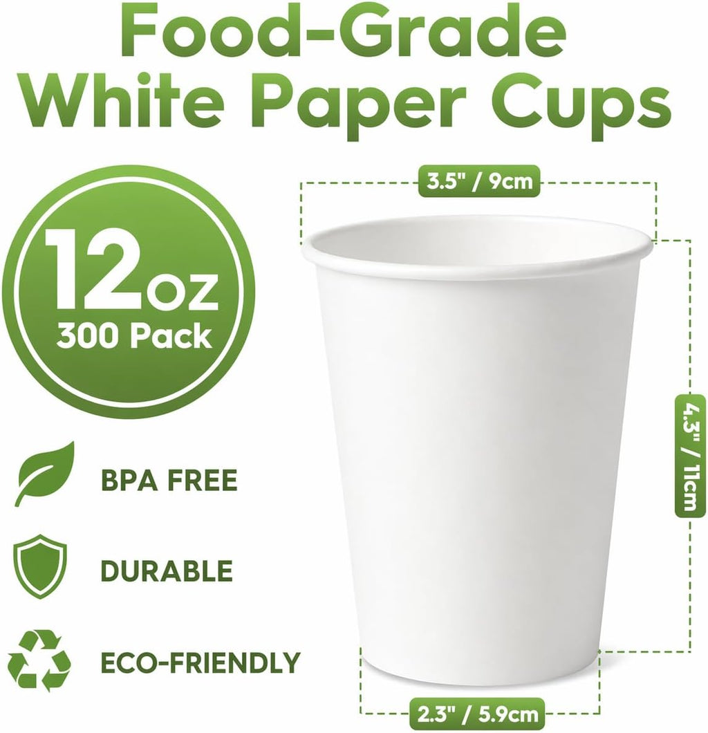Paper Cups 12 oz 300 Pack Leak-Proof Disposable Coffee Cups