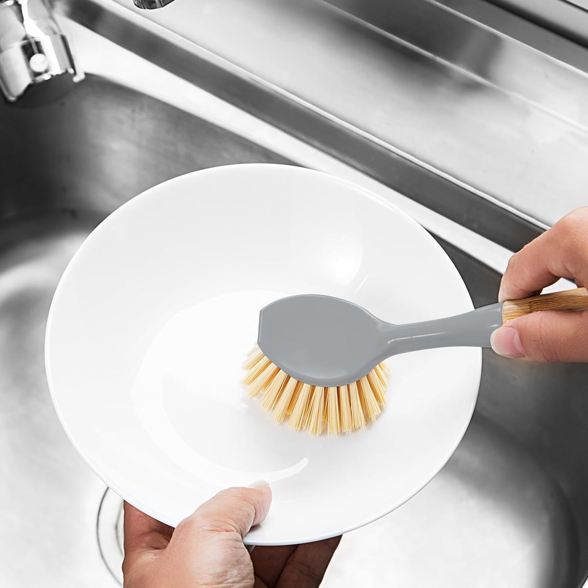 2 Pack Kitchen Dish Brushes with Bamboo Handle, Dish Scrubber Built-in Scraper, Scrub Brush for Pans, Pots, Counter &