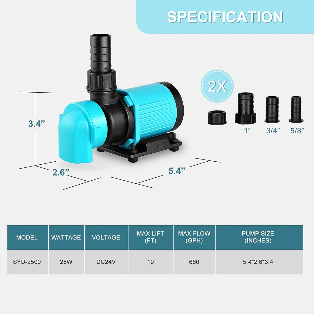 660GPH Aquarium Return pump with LCD display controller, DC 24V 25W aquarium pump for saltwater freshwater