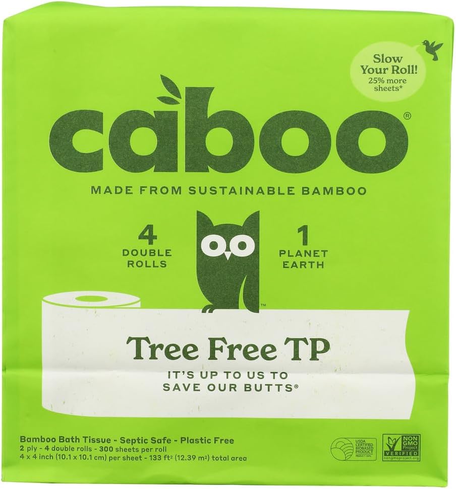 Tree Free Toilet Paper, Septic Safe Bath Tissue, Quick Dissolving 2 Ply Sheets - 300 Sheets Per Roll, 4 Double Rolls