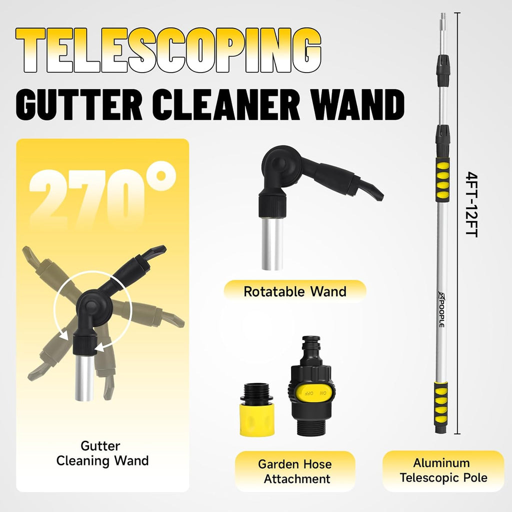 12ft (20ft Reach) Gutter Cleaning Tools from The Ground, Telescoping Rain Gutter Cleaner Tool, 270° Rotatable Gutters