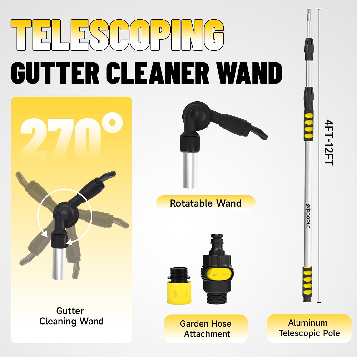 12ft (20ft Reach) Gutter Cleaning Tools from The Ground, Telescoping Rain Gutter Cleaner Tool, 270° Rotatable Gutters