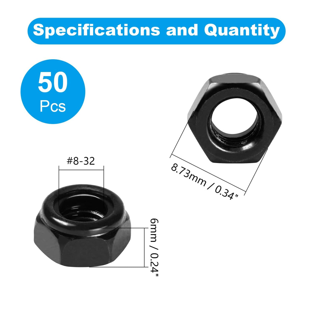 50Pcs #8-32 Nylon Insert Hex Lock Nuts Self-Locking Nut