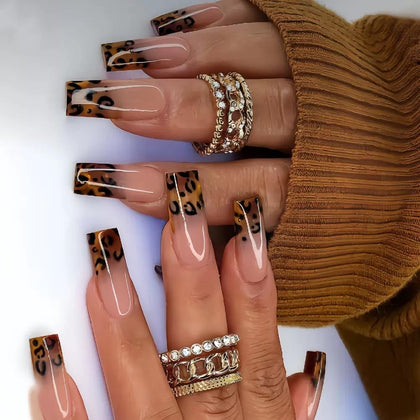 Medium Press on Coffin Nails - Brown Fake Nails with Leopard Print Design - Ombre, Winter False Nails Press ons