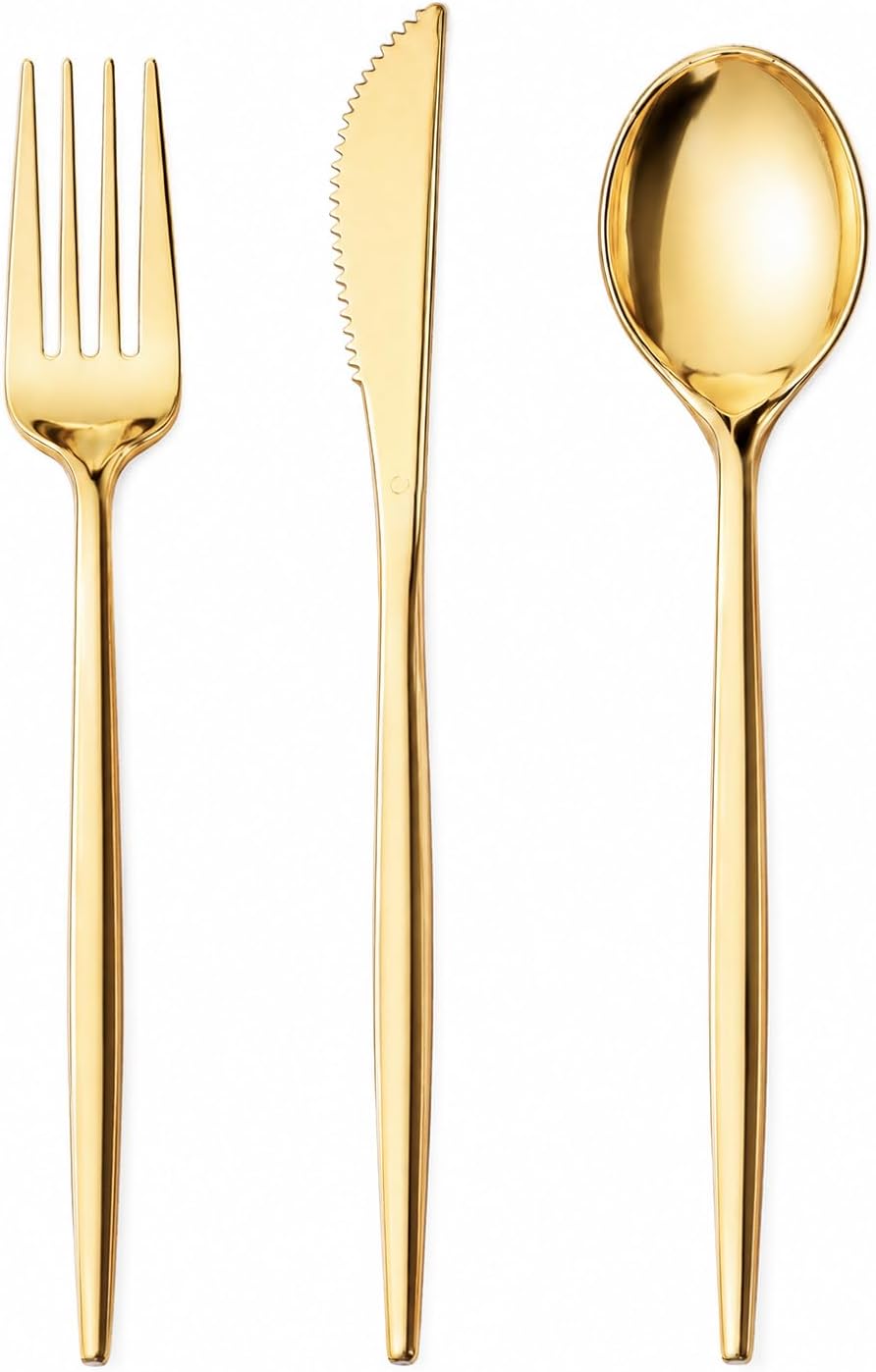 150PCS Gold Plastic Silverware Disposable - Heavy Duty Gold Plastic Cutlery - Gold Plastic Utensils Set Include 50