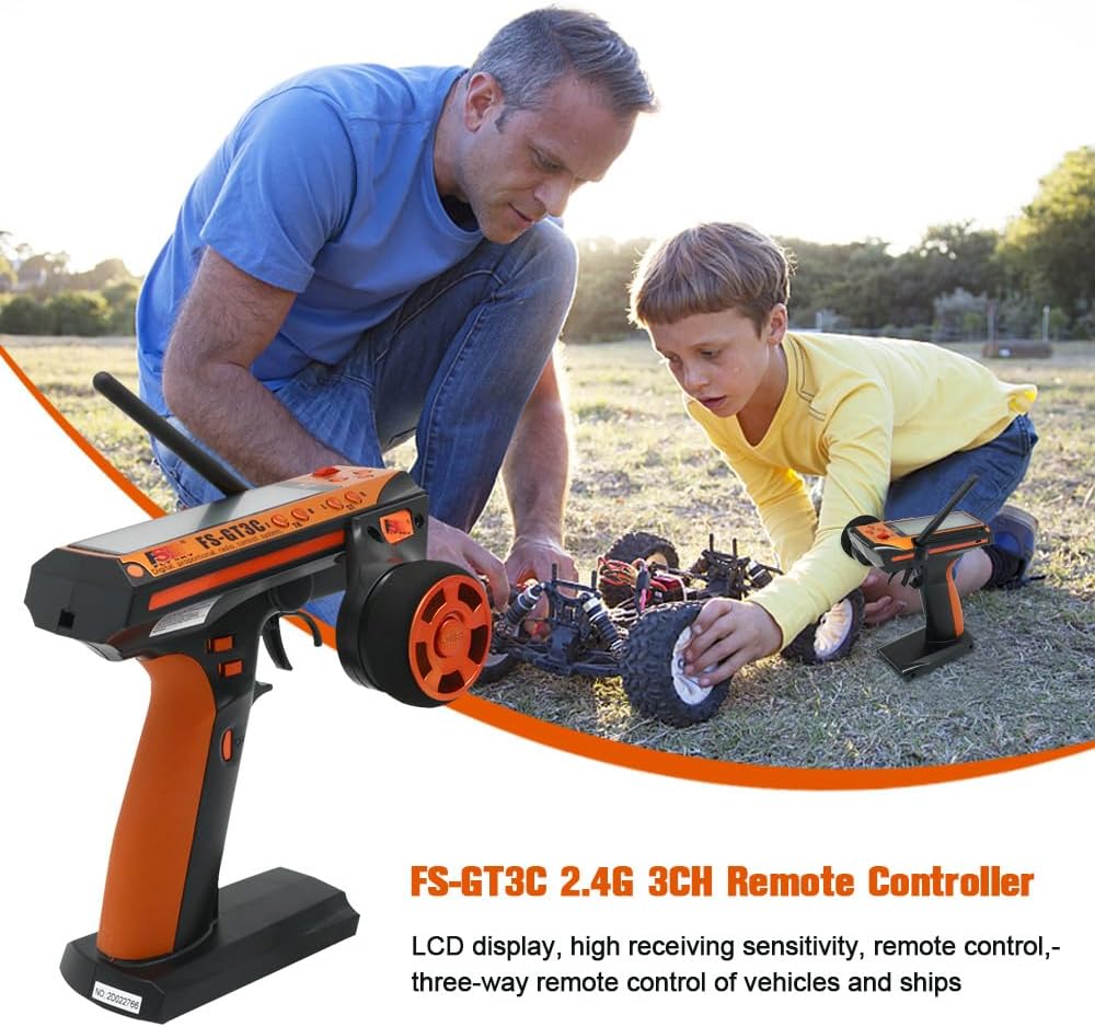 FS-GT3C RC Transmitter with FS-GR3E Receiver, 2.4GHz 3 Channel LCD Remote Controller and Receiver for RC Car Boat