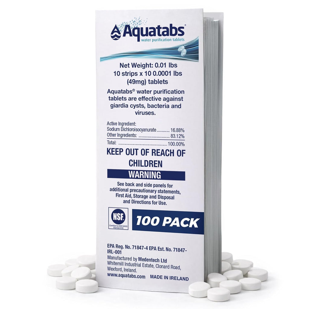49mg Water Purification Tablets (100 Pack). Water Filtration System for Hiking, Backpacking, Camping, Emergencies