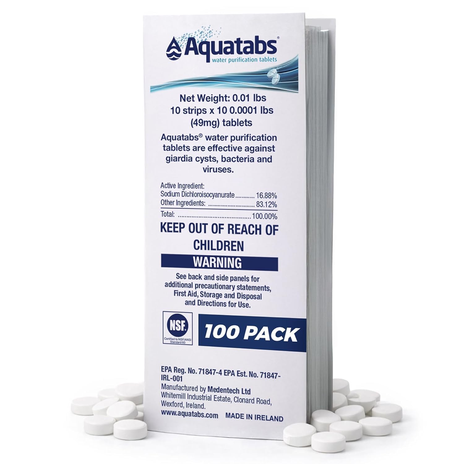 49mg Water Purification Tablets (100 Pack). Water Filtration System for Hiking, Backpacking, Camping, Emergencies