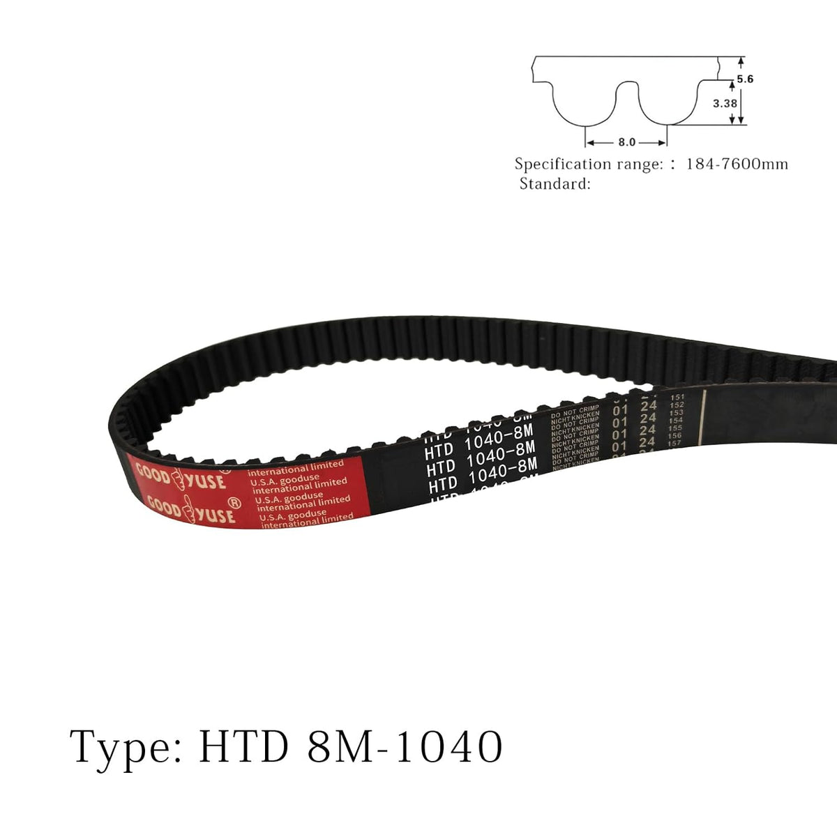 1040-8M-20 HTD Timing Belt, 1040mm Length x 20mm Width x 6mm Height, 8mm Pitch, 130 Teeth, Closed Loop Pulley Timing Belt
