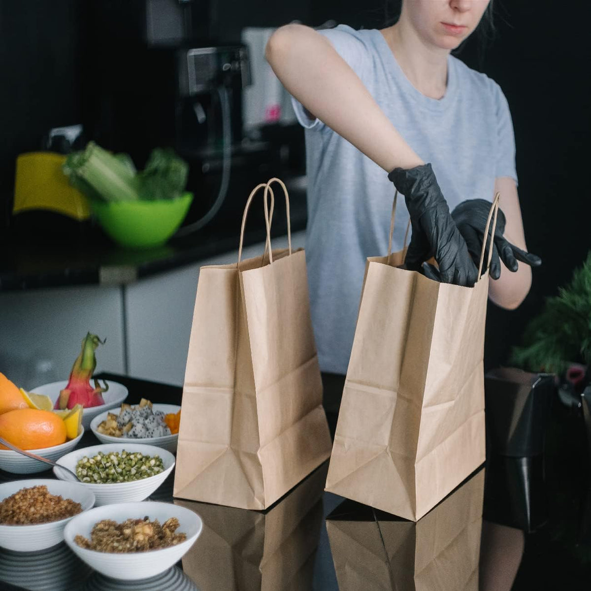 Kraft Paper Bags with Handles 12x7x12 Inch Large Brown 50 Pcs Bulk