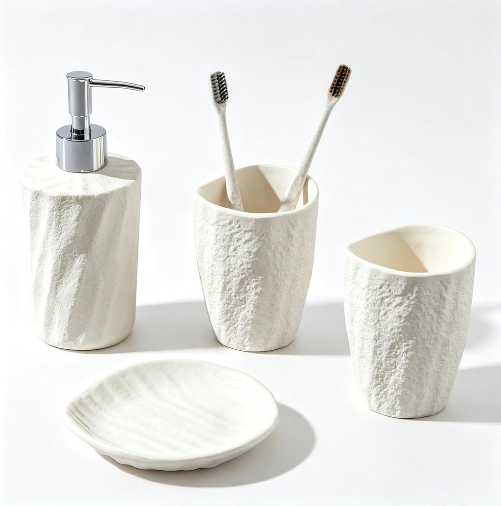 Bathroom Accessories Set, 4 PCS Modern Stone Texture, White | Minimalist, Resin, with Liquid Soap Dispenser 11.5 OZ
