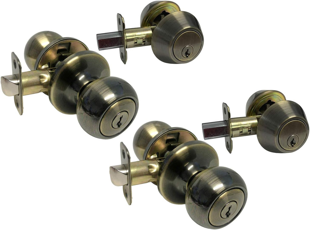 Antique Brass Entry Entrance Round Knob with Matching Double Cylinder (keyed on Both Sides) Deadbolt Pack Keyed Alike