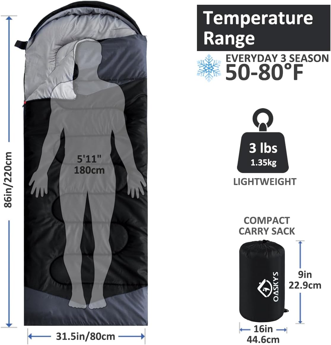 Camping Sleeping Bag - 3 Season Warm & Cool Weather - Summer Spring Fall Lightweight Waterproof for Adults Kids