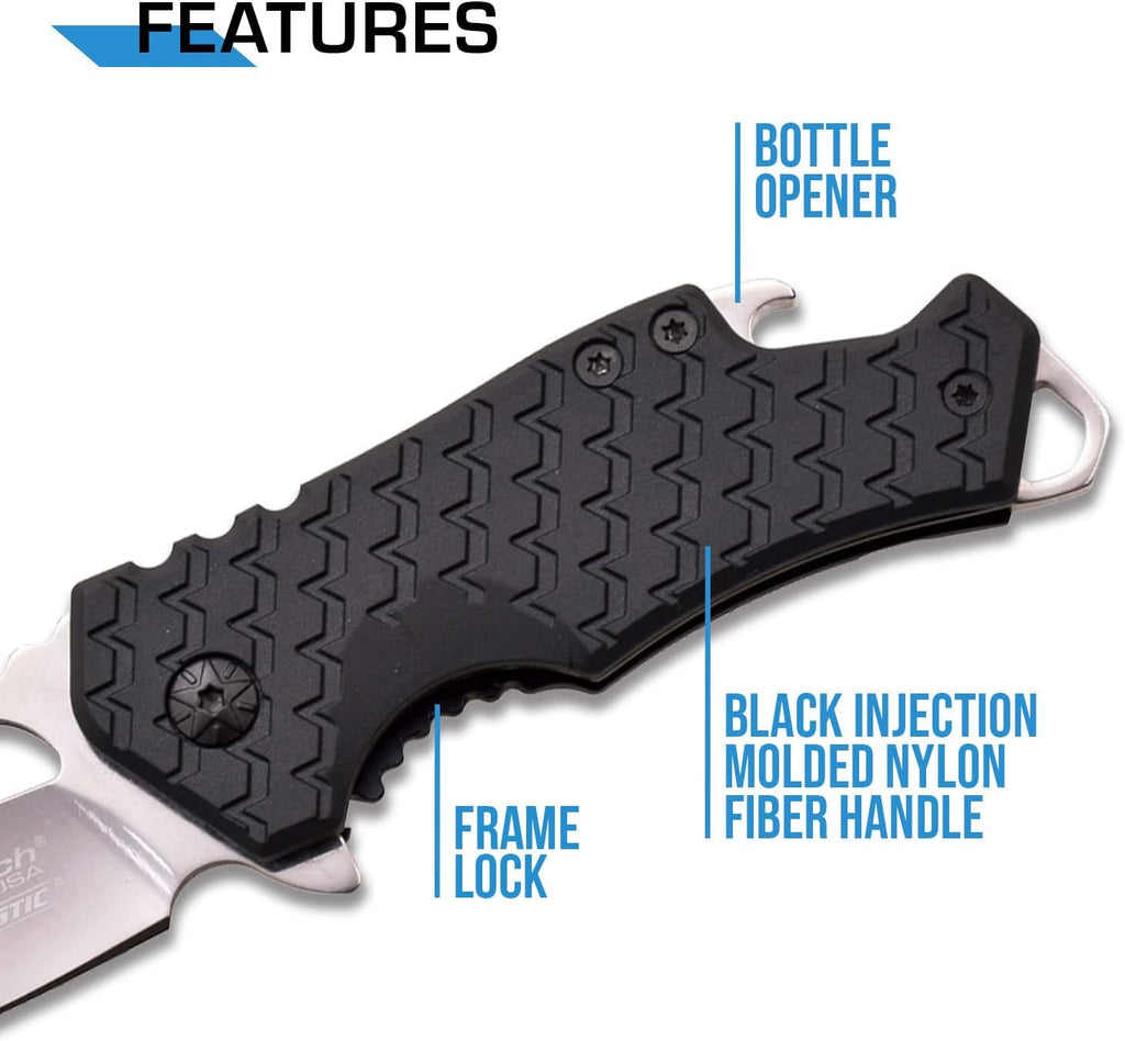– Pocket Folding Knife – Fine Edge Steel Blade, Aluminum/Nylon Fiber Handle, Bottle Opener and Pocket Clip, Tactical