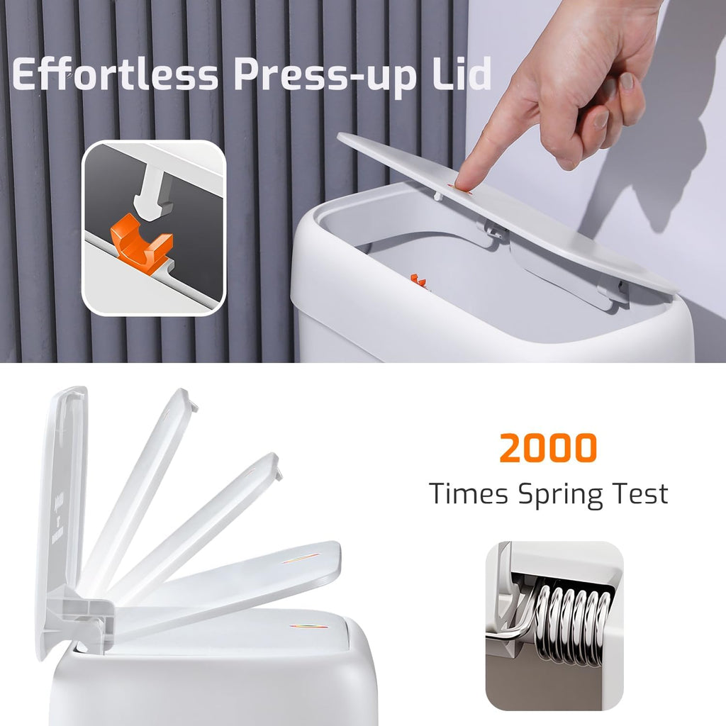 Small Bathroom Trash Can with Lid, 2.6 Gallons / 10 L Slim Plastic Garbage Bin with Pop-Up Lid, Mini Waste Basket Can