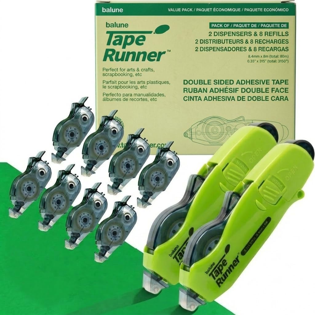 Double Sided Tape with Retractable Dispenser Roller - Permanent, Acid Free, Transparent - 2 Runners & 8 Refill