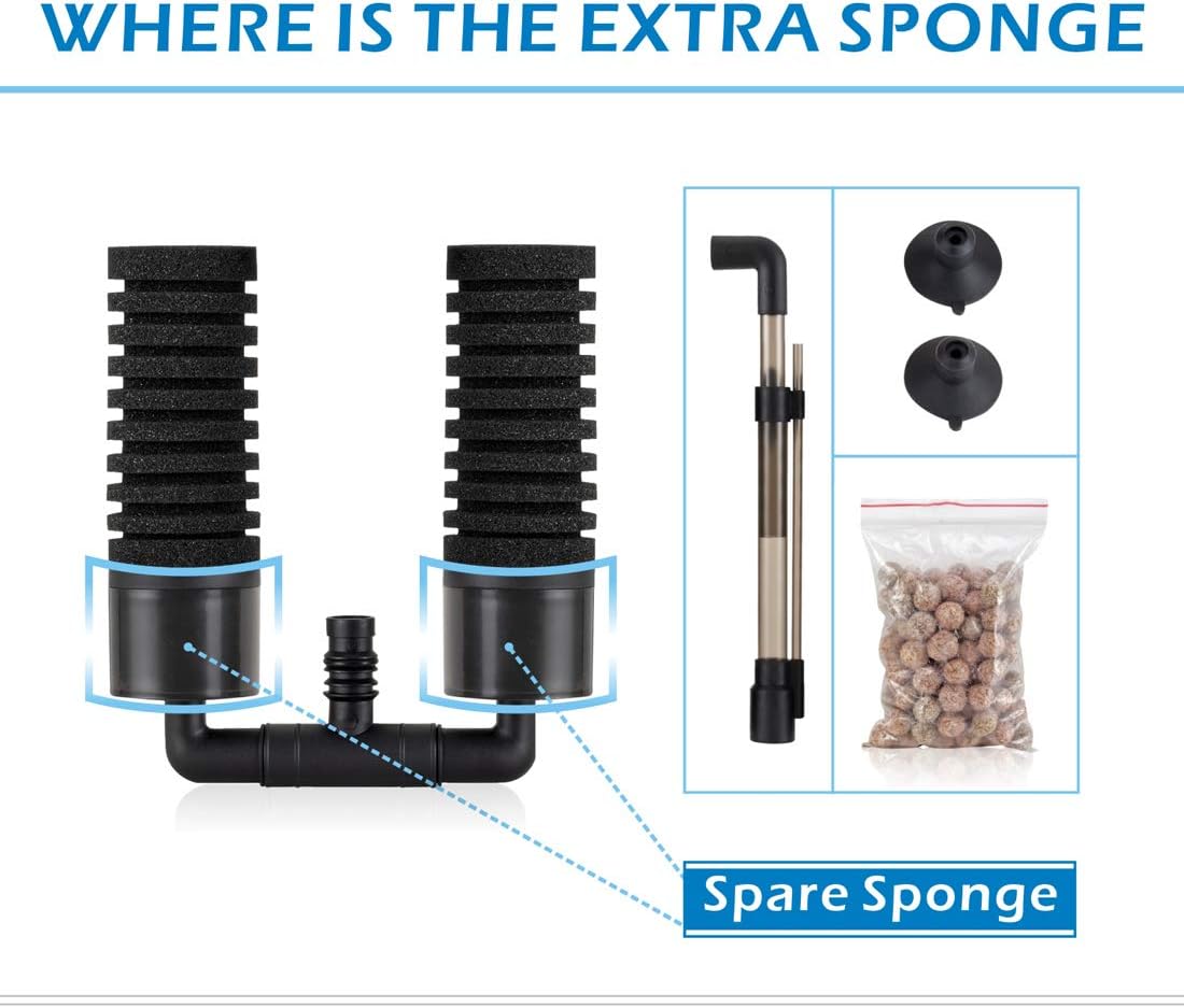Sponge Filter, Aquarium Filter Double Sponge Replaceable Media with 4 Biochemical Sponges and 1 Bag of Filtered