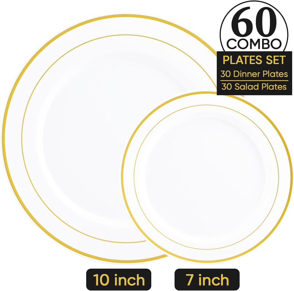 Gold Plastic Plates Set of 60, Disposable Plates with Gold Rim