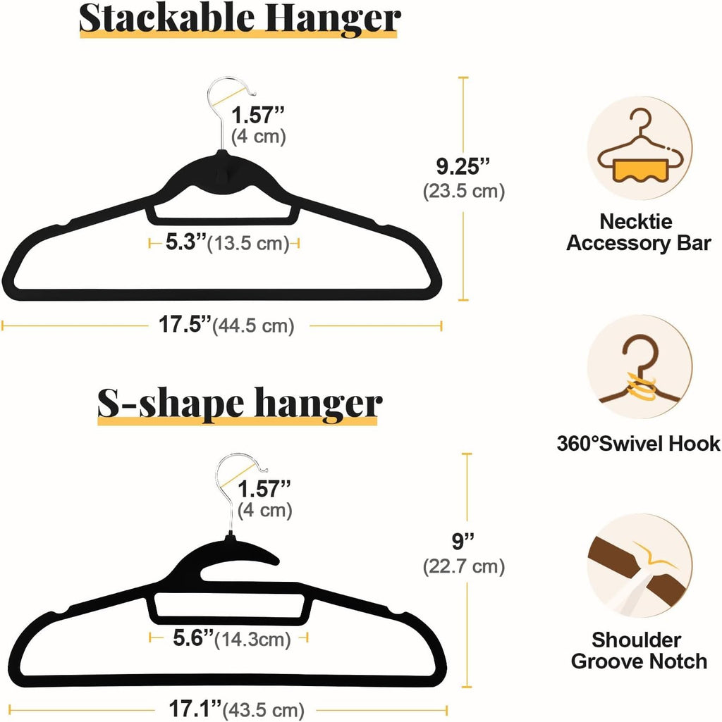 Velvet Hangers 50 Pack, S-Shaped and Stackable Felt Hanger(Black) | Non Slip, 15Lbs Capacity Heavy Duty, Ultra Thin