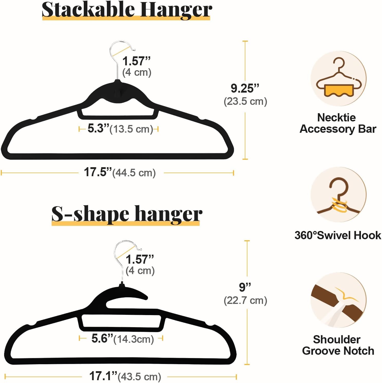 Velvet Hangers 50 Pack, S-Shaped and Stackable Felt Hanger(Black) | Non Slip, 15Lbs Capacity Heavy Duty, Ultra Thin