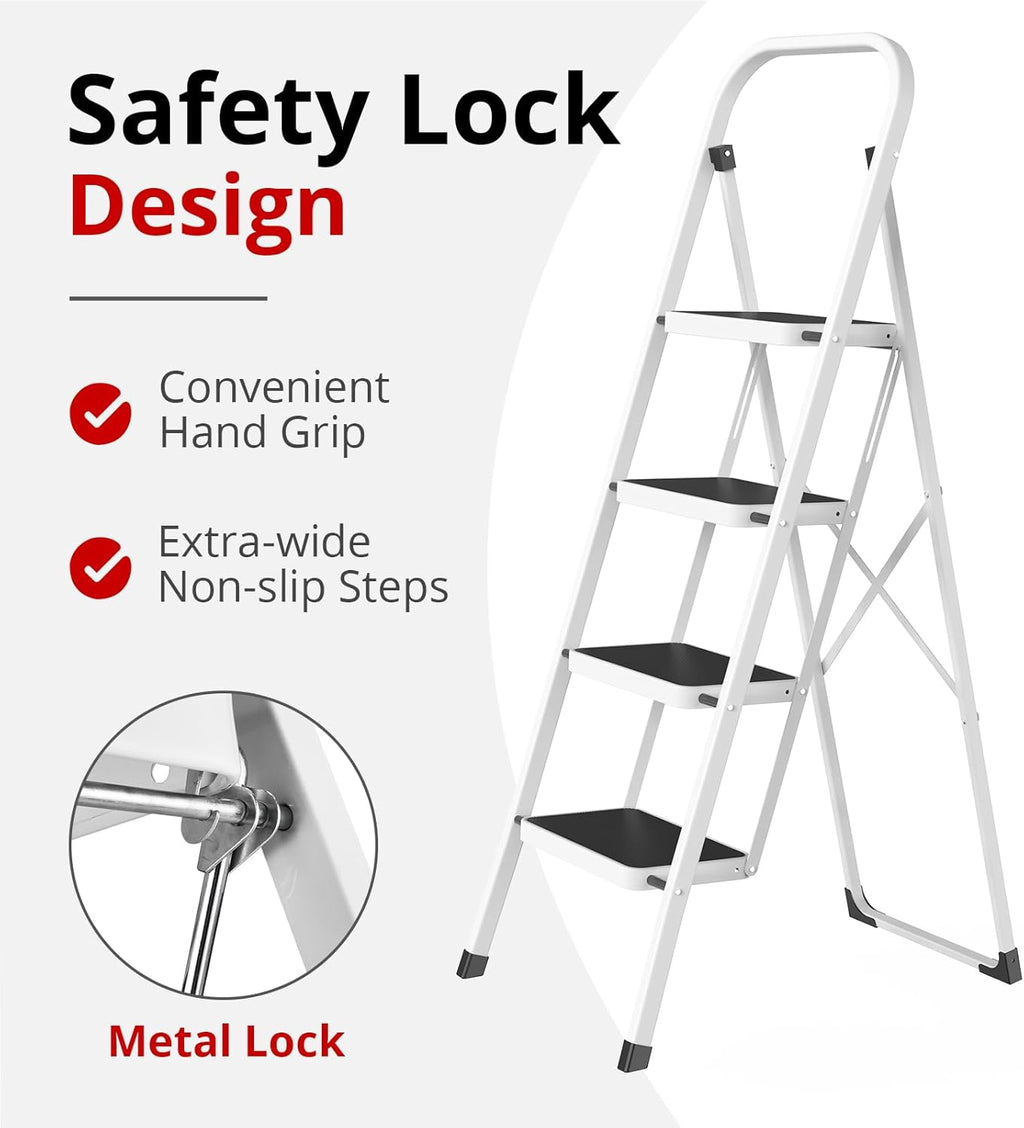 Step Ladder, Folding Step Stool for Adults with Anti-Slip Pedal, 330 lbs Capacity for Kitchen, Home, White