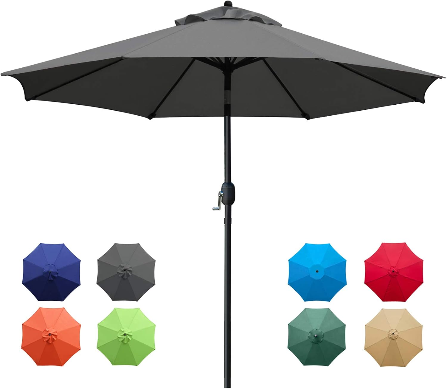9Ft Patio Umbrella Outdoor Table Umbrella with 8 Sturdy Ribs (Dark Gray)