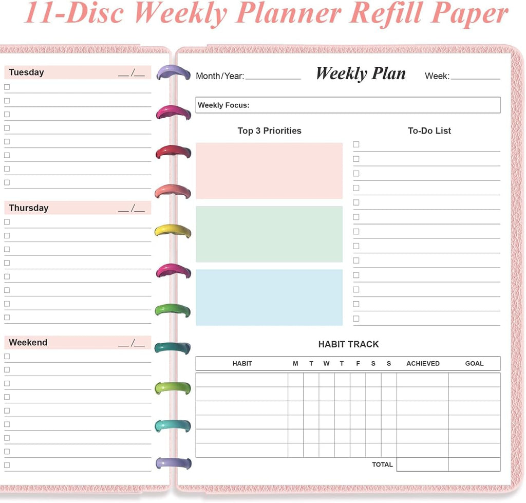 Weekly Planner Undated Refills - Letter Size 53 Sheets/106 Pages Colorful Weekly Planner for 11-Disc Discbound, TUL