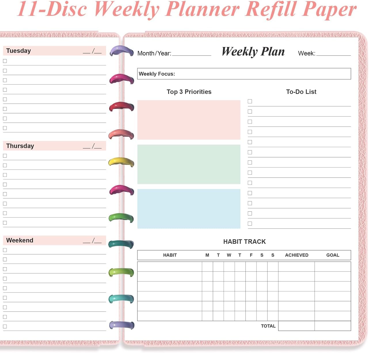 Weekly Planner Undated Refills - Letter Size 53 Sheets/106 Pages Colorful Weekly Planner for 11-Disc Discbound, TUL