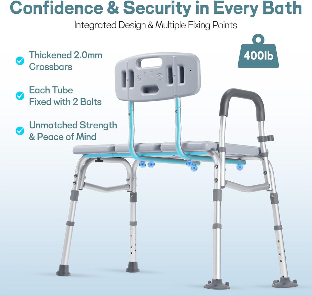 Tub Transfer Bench for Bathtub, Height Adjustable Shower Bench with Backrest, Shower Chair Bath Seat for Elderly