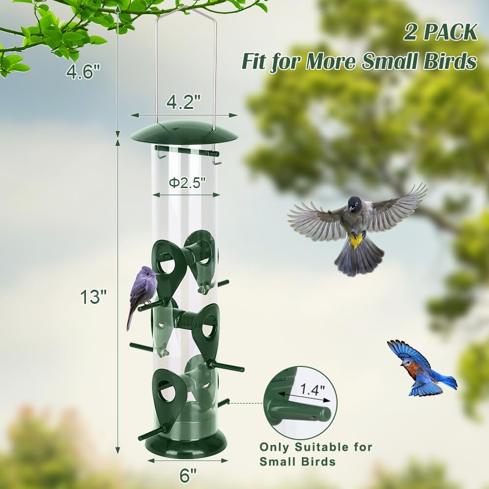 Tube Bird Feeders for Outdoors, 13’’ 6 Ports, Metal Lid & Base
