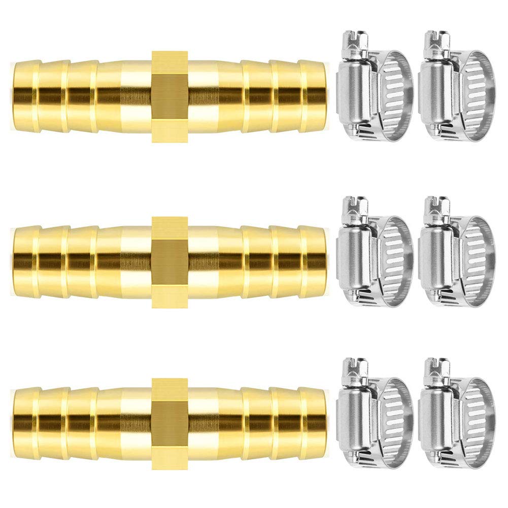 Da by 3 pcs 3/8"(10mm) Barb Splicer Mender Hose Brass Barb Fitting with 6 pcs Stainless Steel Pipe Clamps for Water/Fuel/Air