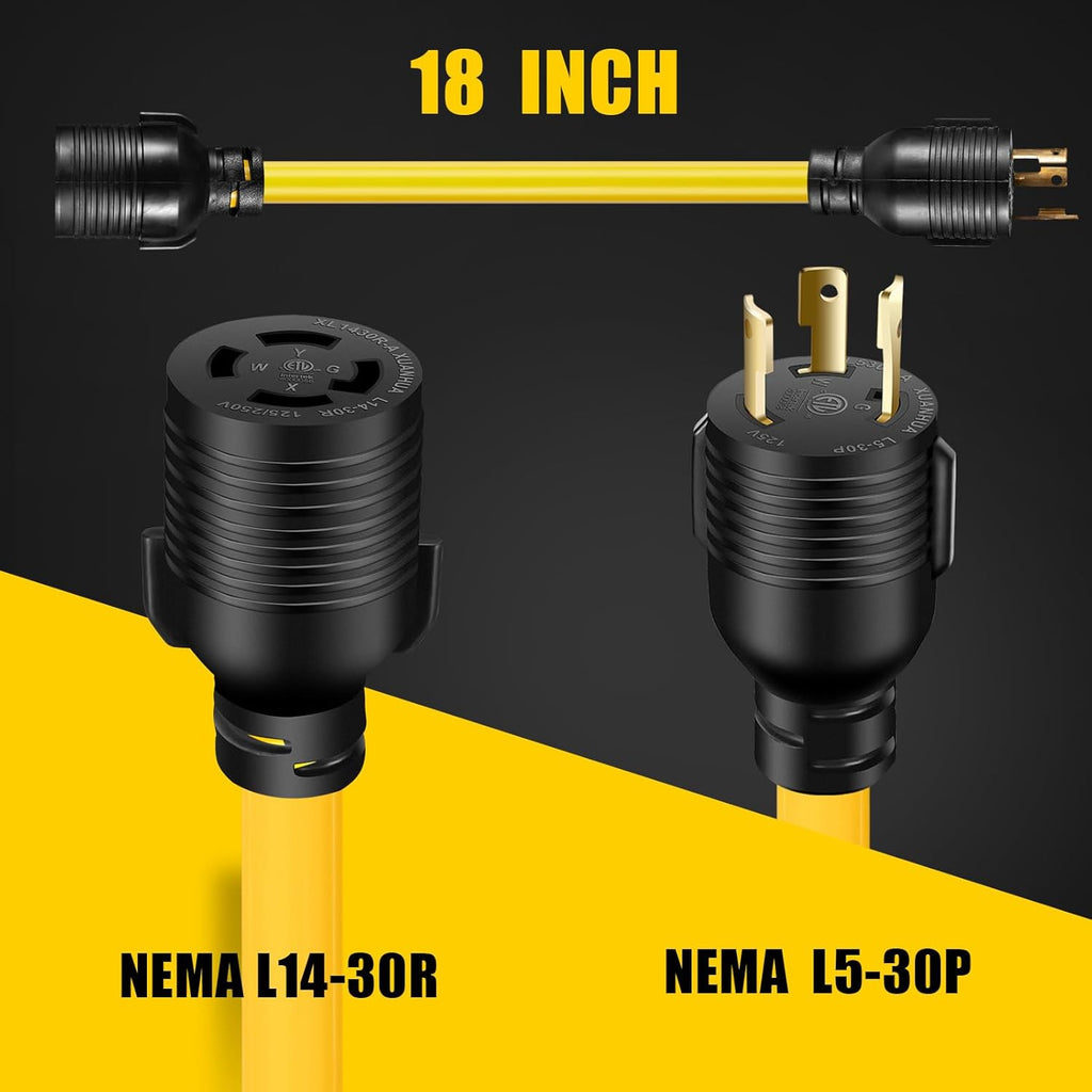 30 AMP Generator Transfer Switch Adapter Cord, Heavy Duty STW 10 Gauge NEMA L5-30P Male to L14-30R Female, 3 Prong to