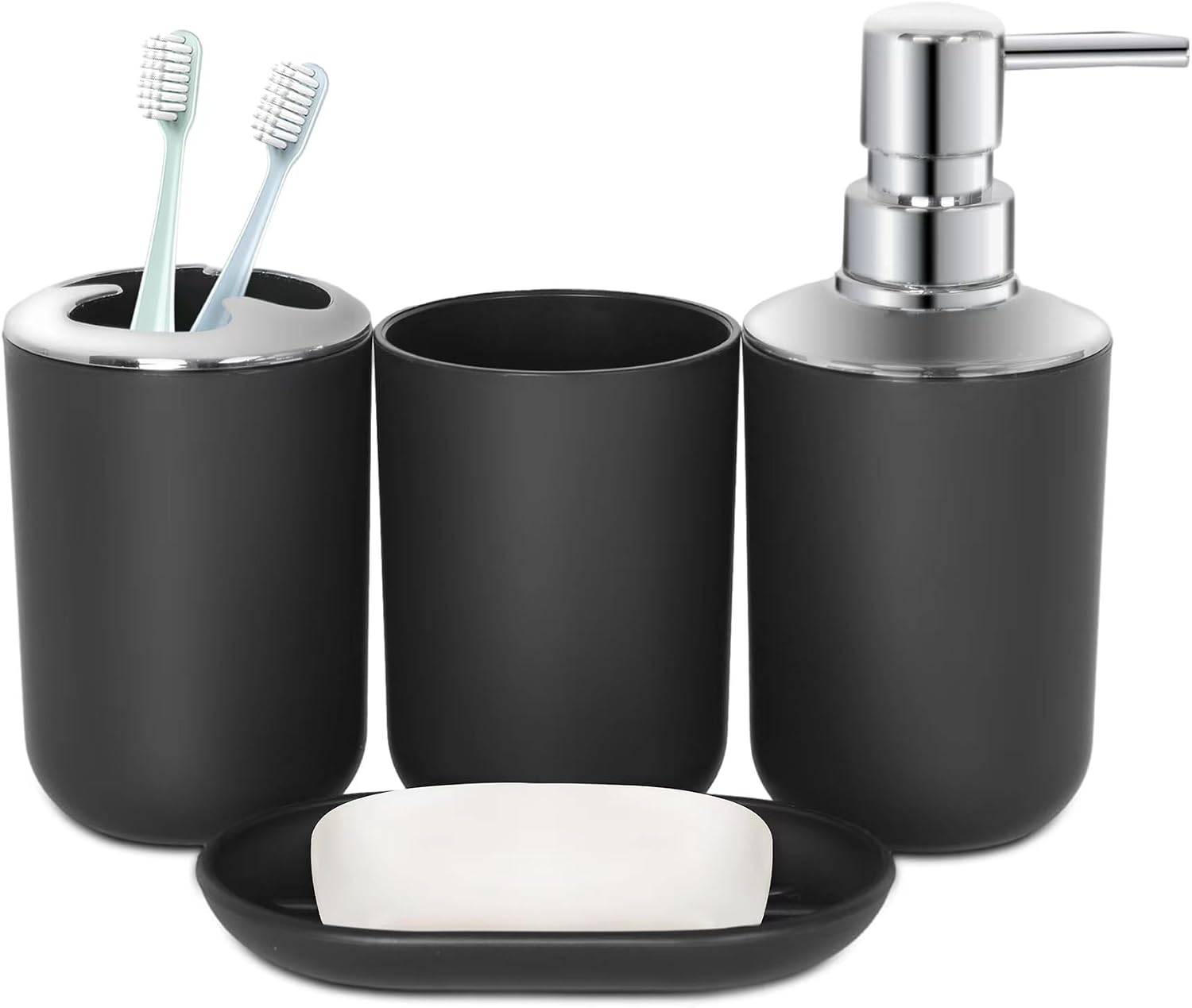 Black Bathroom Accessories Set 4 PCS, Black Bathroom Accessories | Plastic Soap Dispenser and Toothbrush Holder Set