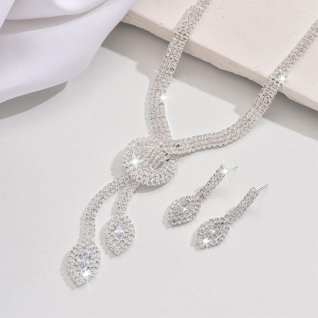 Silver Rhinestone Bridal Wedding Jewelry Set Crystal Necklace Earrings Sets Formal Prom Costume Jewelry Sets for